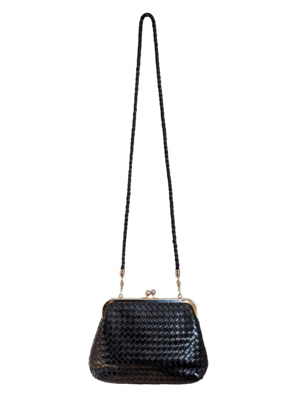 Vintage Talbots Black Woven Leather Kisslock Crossbody Bag